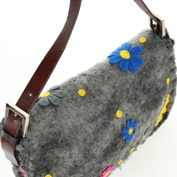 FENDI Flower Pattern Mamma Baguette Shoulder Bag Wool Gray Silver Auth 168312SAV