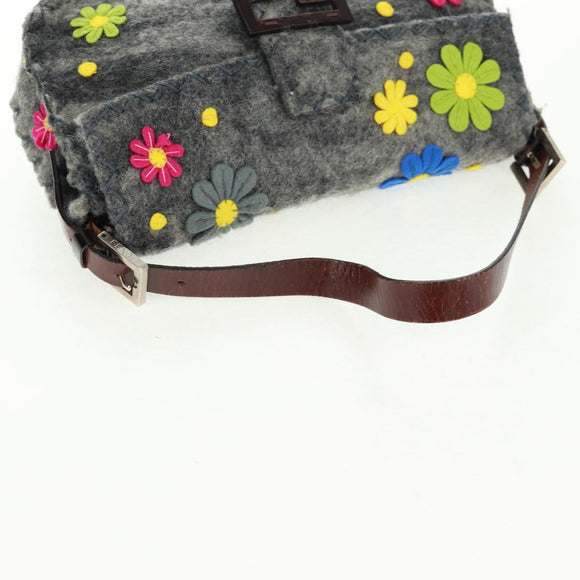 FENDI Flower Pattern Mamma Baguette Shoulder Bag Wool Gray Silver Auth 168312SAV