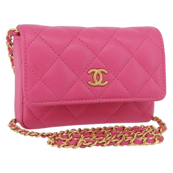CHANEL Matelasse Chain Pouch Shoulder Bag Lamb Skin Pink Gold CC Auth 168325SAM