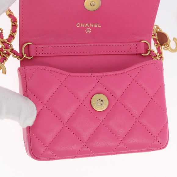 CHANEL Matelasse Chain Pouch Shoulder Bag Lamb Skin Pink Gold CC Auth 168325SAM