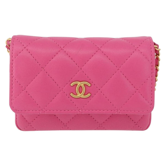 CHANEL Matelasse Chain Pouch Shoulder Bag Lamb Skin Pink Gold CC Auth 168325SAM