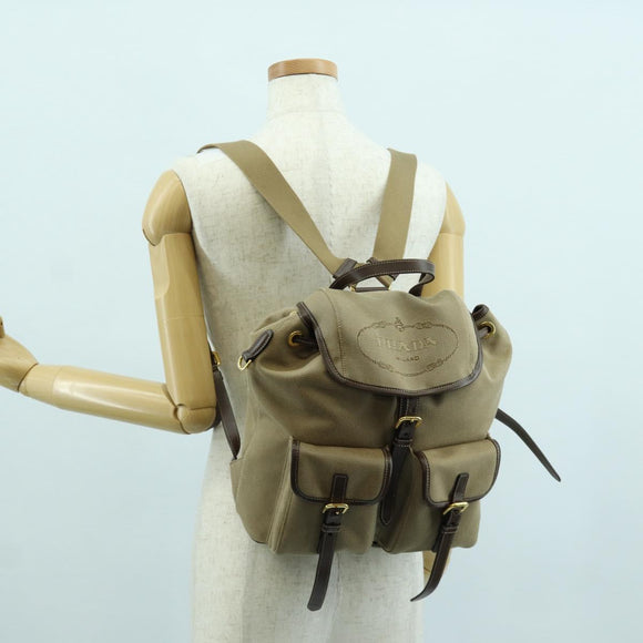 PRADA Backpack Canvas Beige Gold Auth 168350V