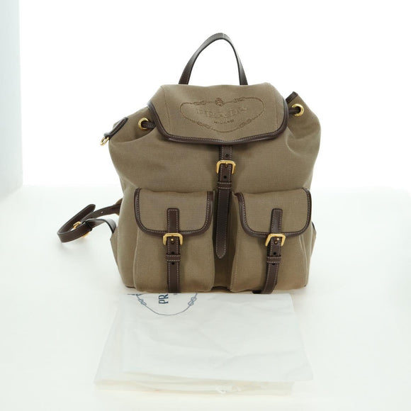 PRADA Backpack Canvas Beige Gold Auth 168350V