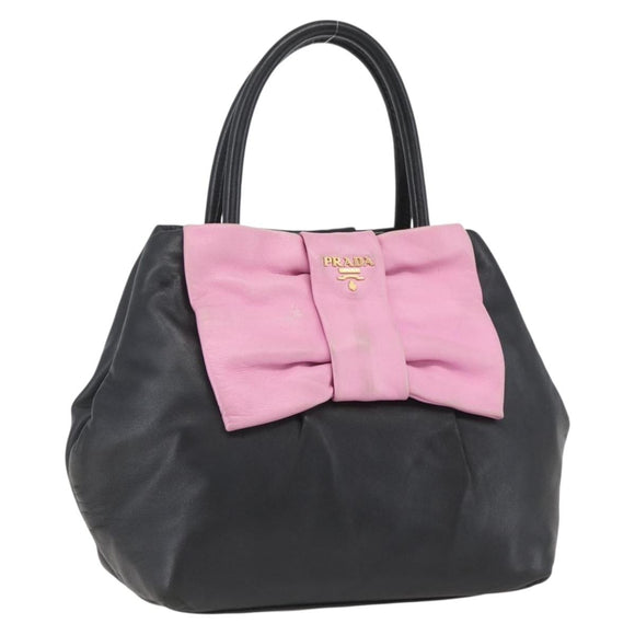 PRADA Hand Bag Leather Black Gold Auth 168382