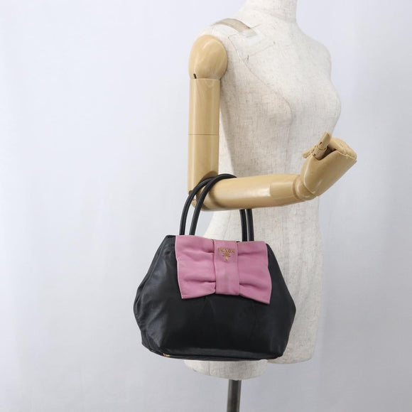 PRADA Hand Bag Leather Black Gold Auth 168382