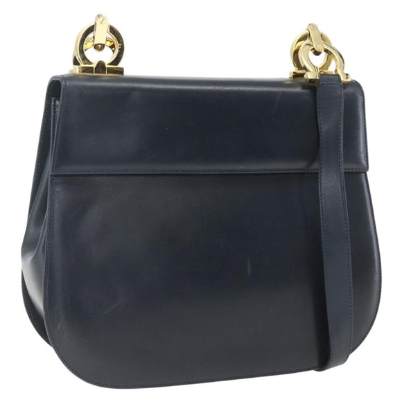 Salvatore Ferragamo Gancini Chain Shoulder Bag Leather Navy Gold Auth 168385