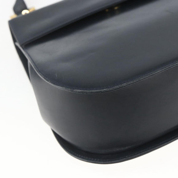 Salvatore Ferragamo Gancini Chain Shoulder Bag Leather Navy Gold Auth 168385