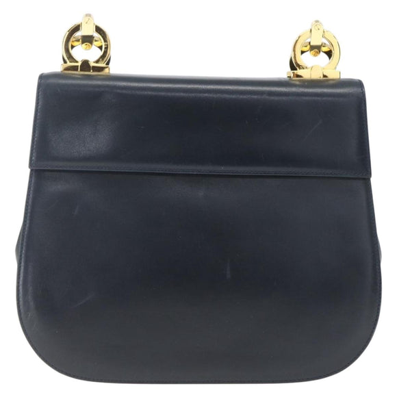 Salvatore Ferragamo Gancini Chain Shoulder Bag Leather Navy Gold Auth 168385