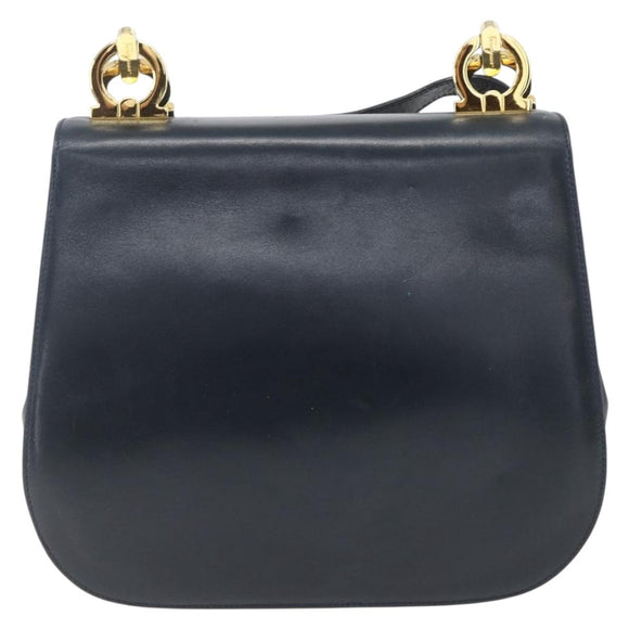 Salvatore Ferragamo Gancini Chain Shoulder Bag Leather Navy Gold Auth 168385