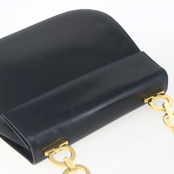 Salvatore Ferragamo Gancini Chain Shoulder Bag Leather Navy Gold Auth 168385
