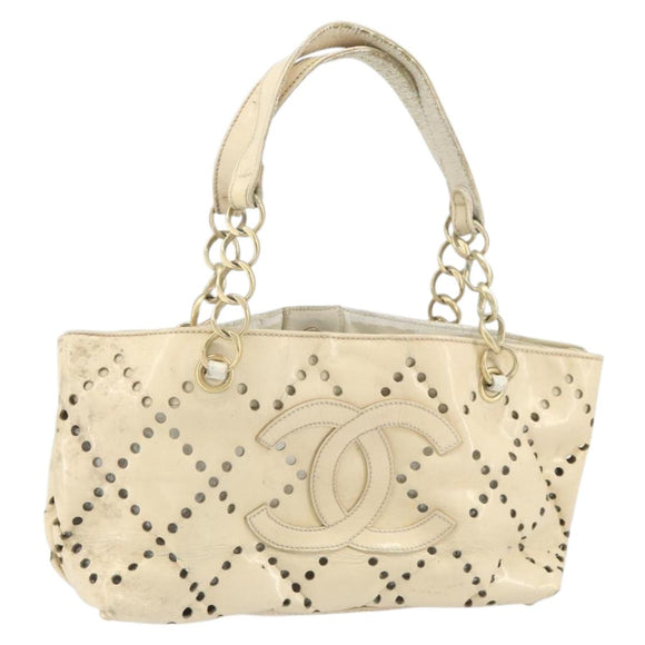 CHANEL Hand Bag Patent leather Ivory Gold CC Auth 168387
