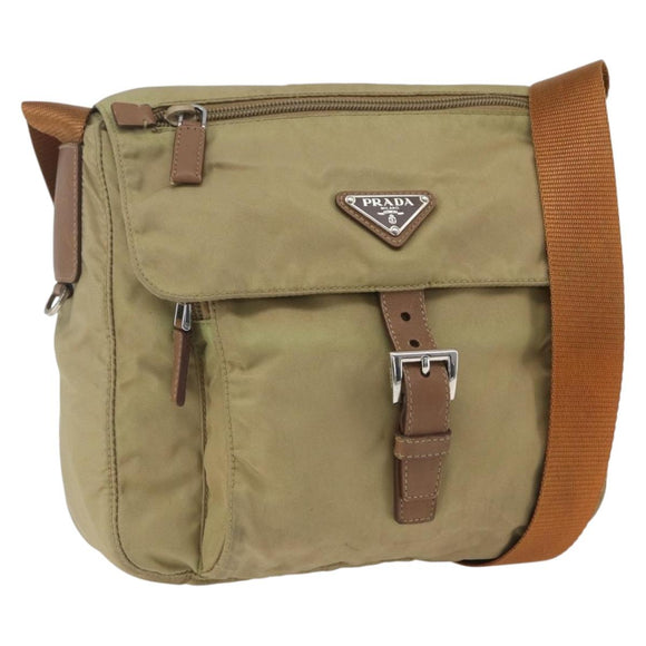 PRADA Shoulder Bag Nylon Beige Silver Auth 168388