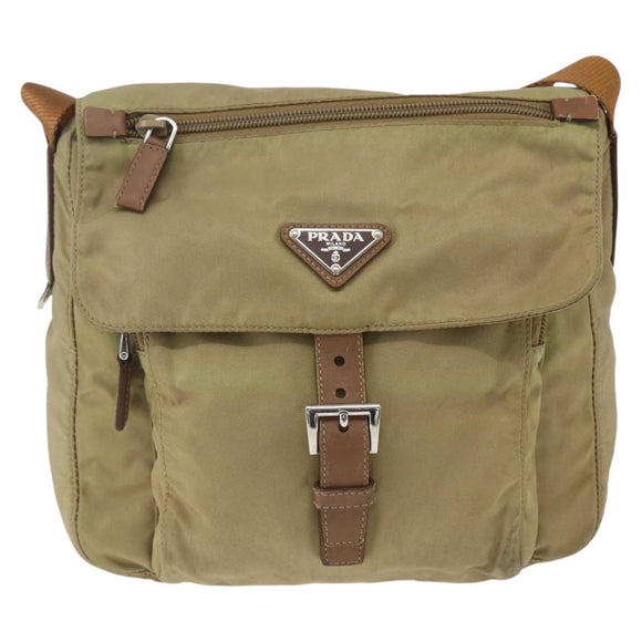PRADA Shoulder Bag Nylon Beige Silver Auth 168388