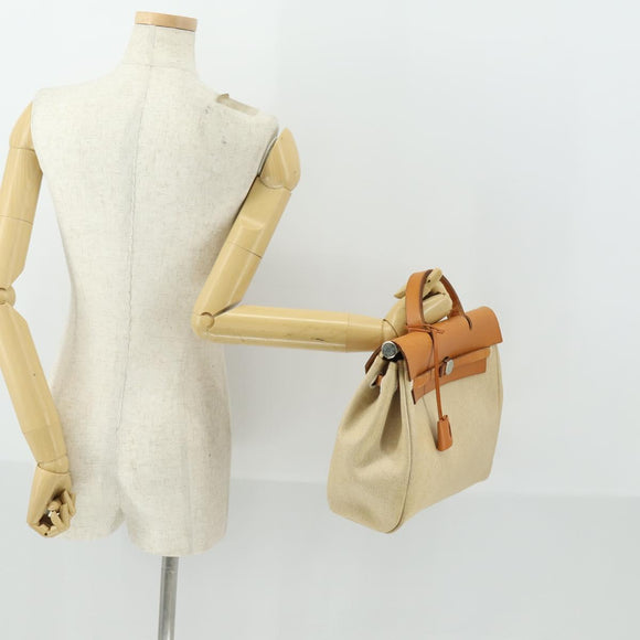 HERMES Herbag Ad PM Backpack Canvas Leather 2way Beige Silver Auth 168408