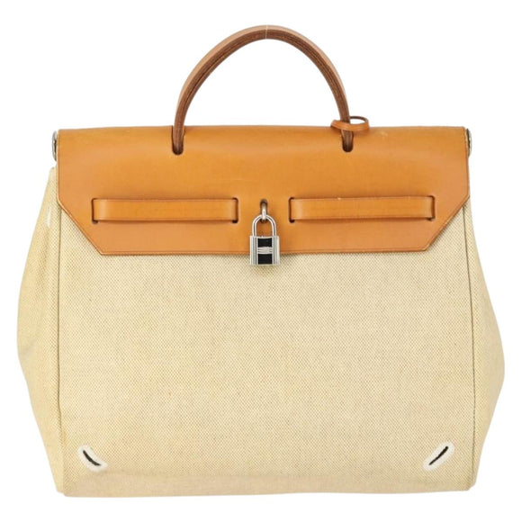HERMES Herbag Ad PM Backpack Canvas Leather 2way Beige Silver Auth 168408