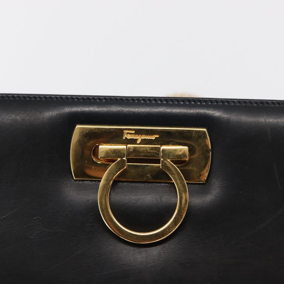 Salvatore Ferragamo Gancini Chain Shoulder Bag Leather Black Gold Auth 168428