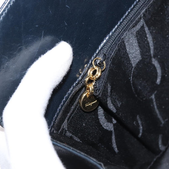 Salvatore Ferragamo Gancini Chain Shoulder Bag Leather Black Gold Auth 168428