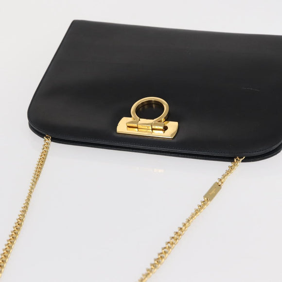 Salvatore Ferragamo Gancini Chain Shoulder Bag Leather Black Gold Auth 168428