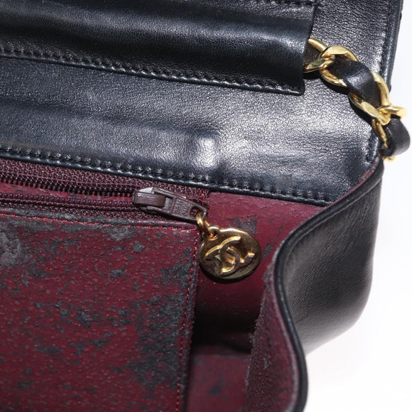 CHANEL Half Moon Chain Shoulder Bag Lamb Skin Black Gold CC Auth 168431