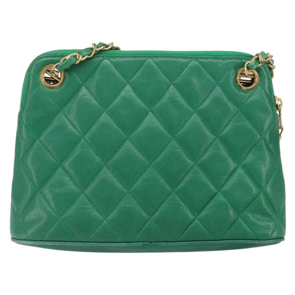 CHANEL Matelasse Chain Shoulder Bag Satin Green Gold CC Auth 168432