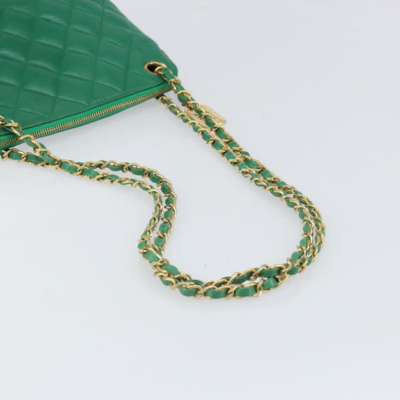 CHANEL Matelasse Chain Shoulder Bag Satin Green Gold CC Auth 168432
