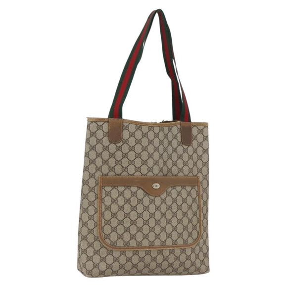 GUCCI Web Sherry Line GG Supreme Tote Bag PVC Beige Gold 40 02 003 Auth 168482