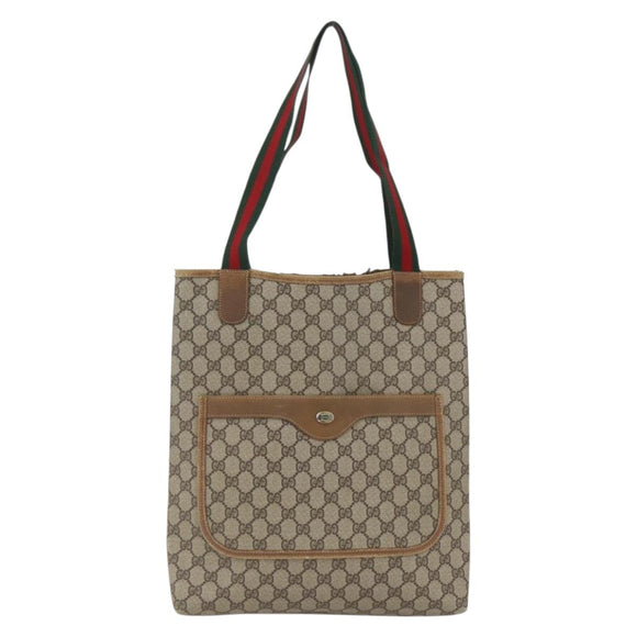 GUCCI Web Sherry Line GG Supreme Tote Bag PVC Beige Gold 40 02 003 Auth 168482