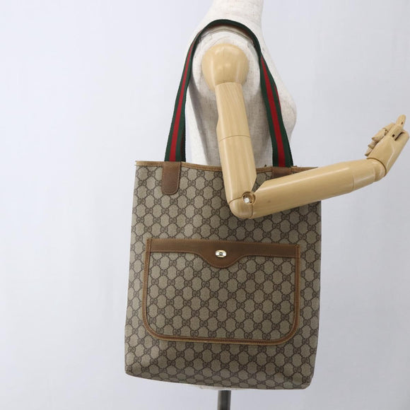 GUCCI Web Sherry Line GG Supreme Tote Bag PVC Beige Gold 40 02 003 Auth 168482