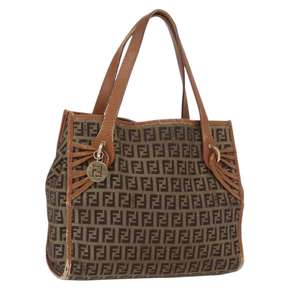FENDI Zucchino Canvas Hand Bag Beige Gold Auth 168496