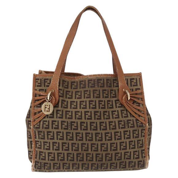 FENDI Zucchino Canvas Hand Bag Beige Gold Auth 168496