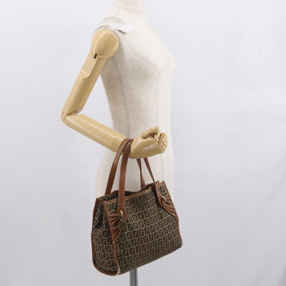 FENDI Zucchino Canvas Hand Bag Beige Gold Auth 168496