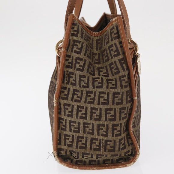 FENDI Zucchino Canvas Hand Bag Beige Gold Auth 168496
