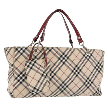 BURBERRY Nova Check Blue Label Hand Bag Canvas Beige Silver Auth 168521