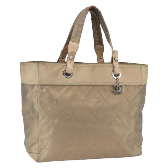 CHANEL Paris Biarritz MM Tote Bag Coated Canvas Gold CC Auth 168522