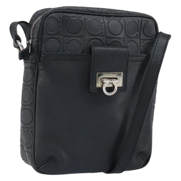 Salvatore Ferragamo Umhängetasche Leder Schwarz Silber Auth 168536