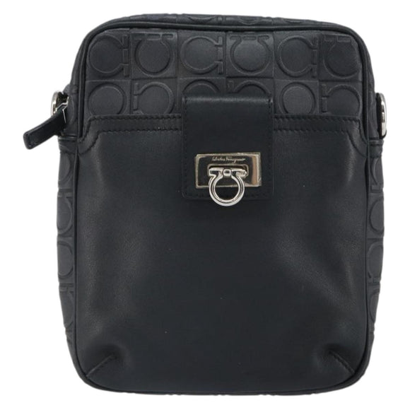 Salvatore Ferragamo Umhängetasche Leder Schwarz Silber Auth 168536