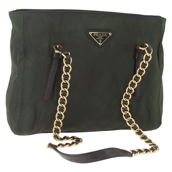 PRADA Chain Tote Bag Nylon Khaki Gold Auth 168613