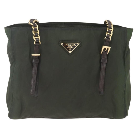 PRADA Chain Tote Bag Nylon Khaki Gold Auth 168613