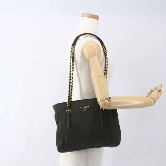 PRADA Chain Tote Bag Nylon Khaki Gold Auth 168613