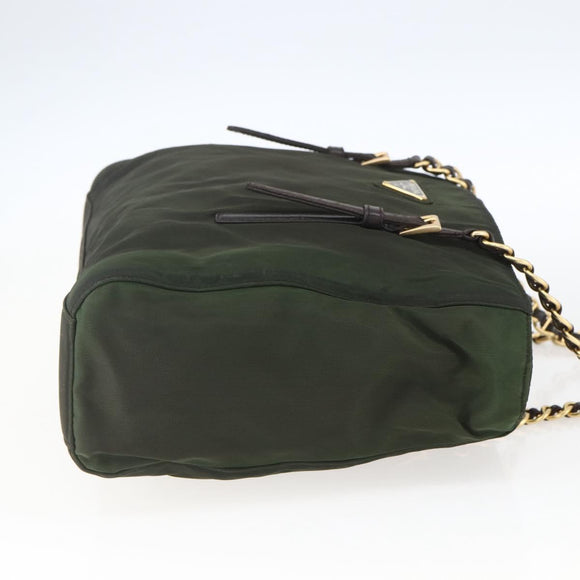 PRADA Chain Tote Bag Nylon Khaki Gold Auth 168613