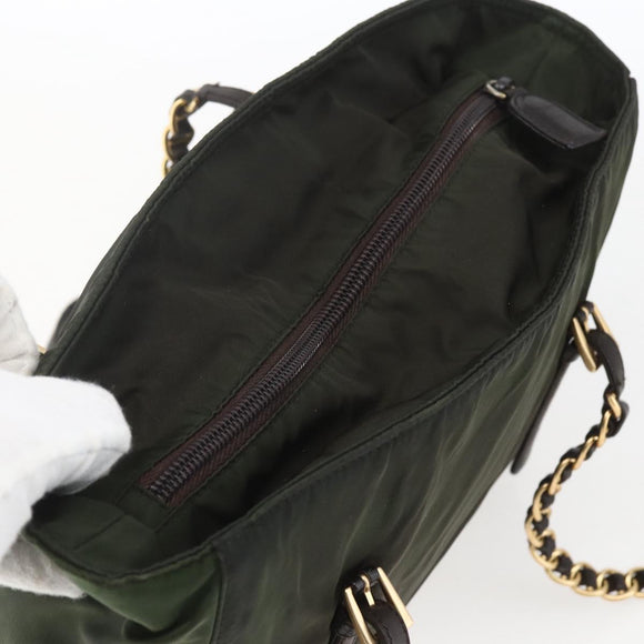 PRADA Chain Tote Bag Nylon Khaki Gold Auth 168613