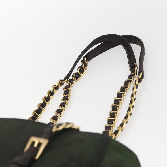 PRADA Chain Tote Bag Nylon Khaki Gold Auth 168613