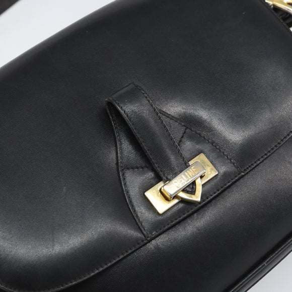 CELINE Shoulder Bag Leather Black Gold Auth 168618