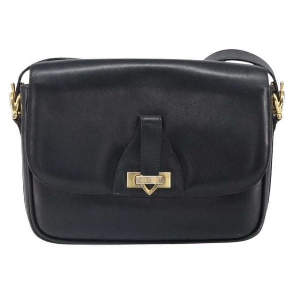 CELINE Shoulder Bag Leather Black Gold Auth 168618