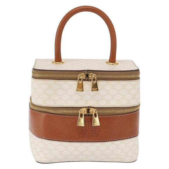 CELINE Macadam Canvas Vanity Hand Bag PVC White Gold Auth 168649