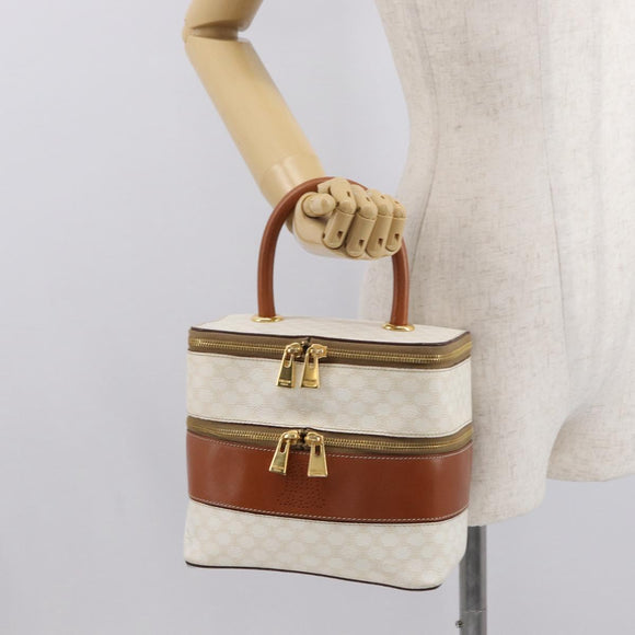 CELINE Macadam Canvas Vanity Hand Bag PVC White Gold Auth 168649