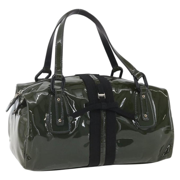 Salvatore Ferragamo Hand Bag Patent leather Khaki Silver Auth 168650