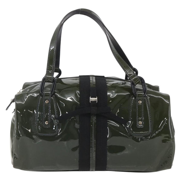 Salvatore Ferragamo Hand Bag Patent leather Khaki Silver Auth 168650