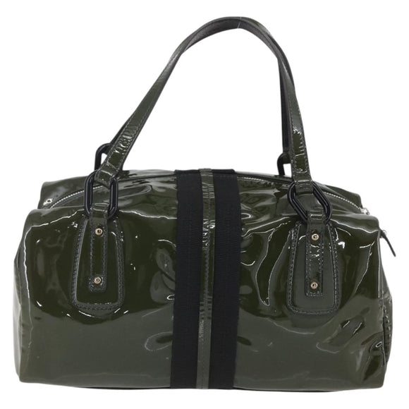 Salvatore Ferragamo Hand Bag Patent leather Khaki Silver Auth 168650