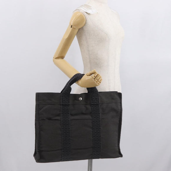 HERMES Her Line MM Hand Bag Canvas Gray Silver Auth 168679
